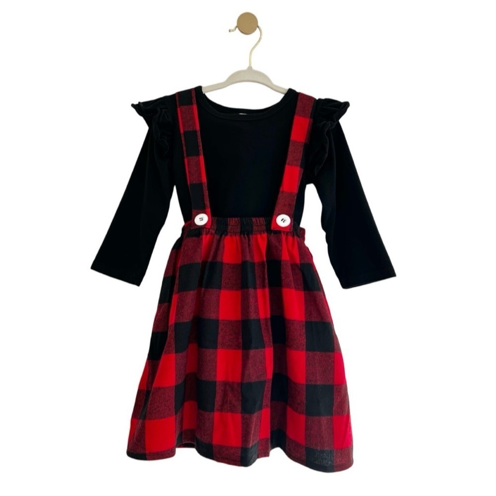 Buffalo Red & Black Plaid Jumper Dress with Black Long Sleeve Top SET - Girls 2T
